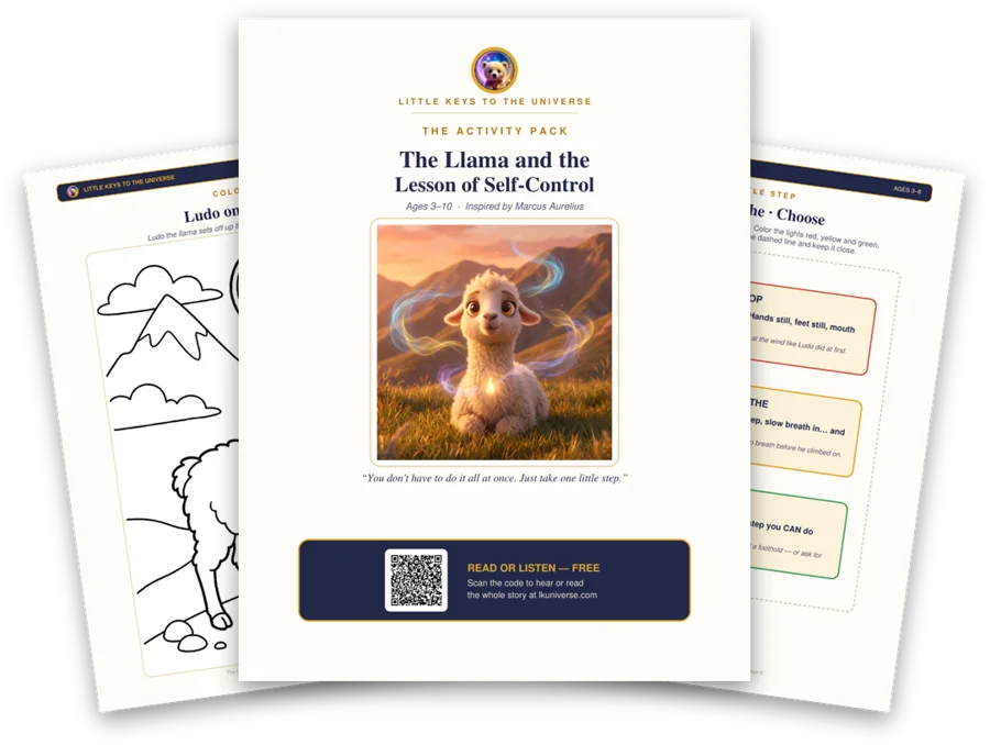 The Llama and the Lesson of Self-Control printable activity pack: cover, coloring page and activity pages