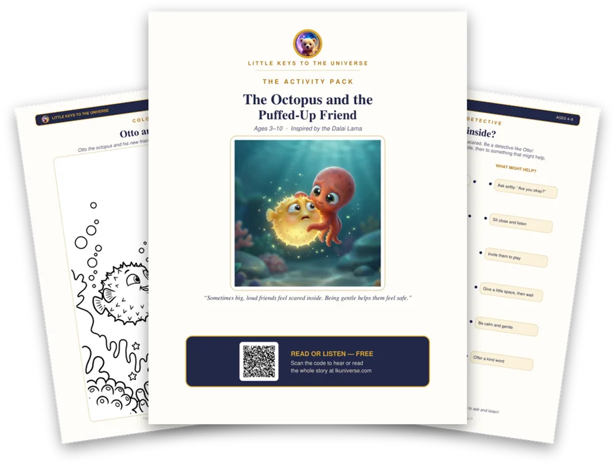 The Octopus and the Puffed-Up Friend printable activity pack: cover, coloring page and activity pages