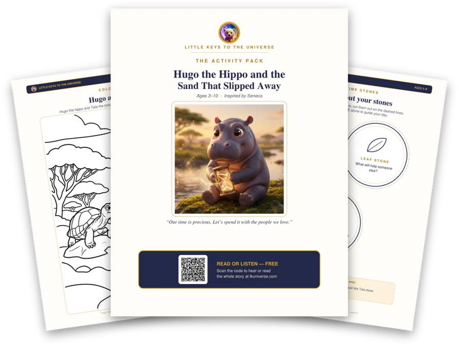 Hugo the Hippo and the Sand That Slipped Away printable activity pack: cover, coloring page and activity pages