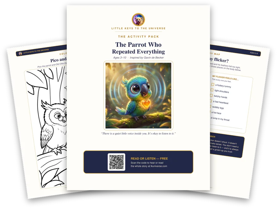 The Parrot Who Repeated Everything printable activity pack: cover, coloring page and activity pages