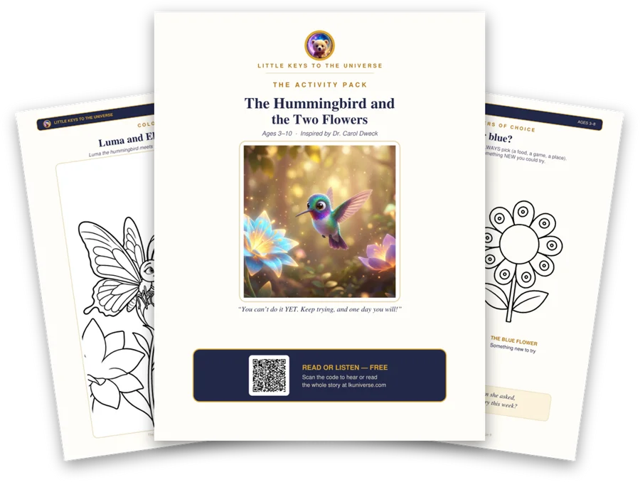 The Hummingbird and the Two Flowers printable activity pack: cover, coloring page and activity pages