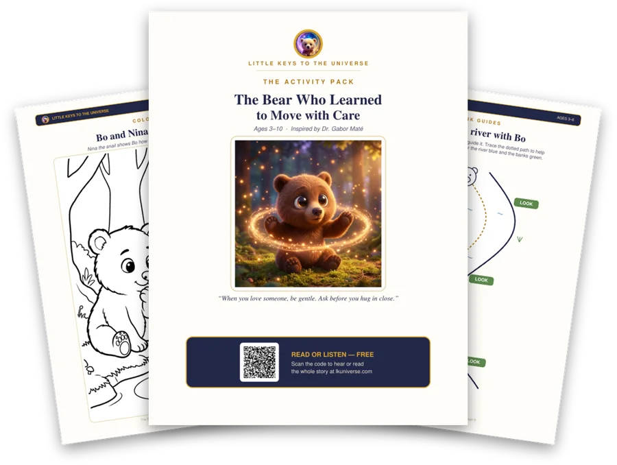 The Bear Who Learned to Move with Care printable activity pack: cover, coloring page and activity pages