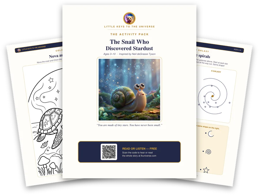 The Snail Who Discovered Stardust printable activity pack: cover, coloring page and activity pages