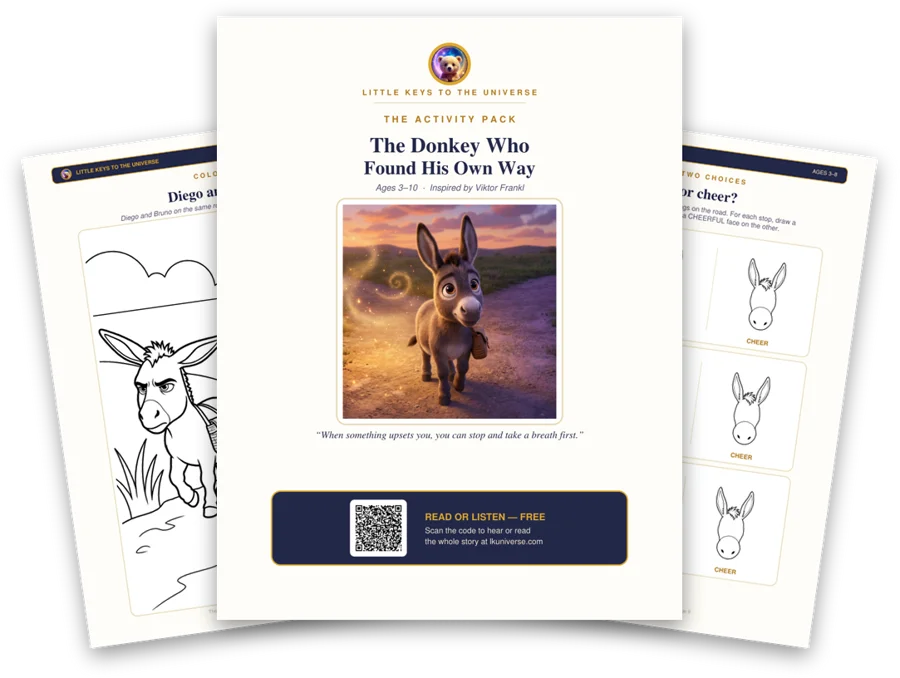 The Donkey Who Found His Own Way printable activity pack: cover, coloring page and activity pages